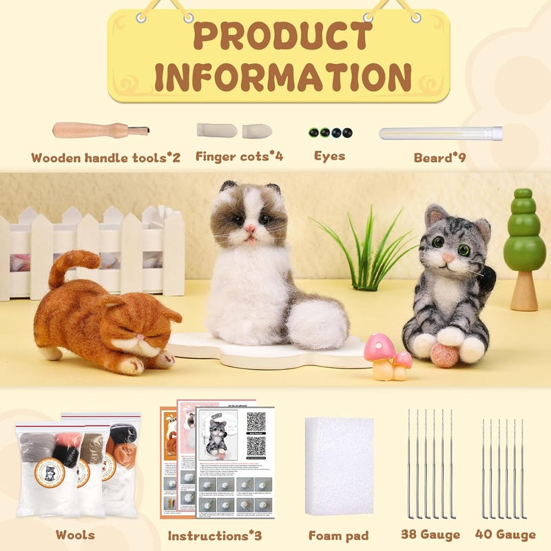Mayboos Needle Felting Kit, 3 PCS Cat Animal Needle Felting Beginner Kits Wool Felt Needle Felting Tools with Instruction for DIY Craft Animal Home Decoration - Image 2